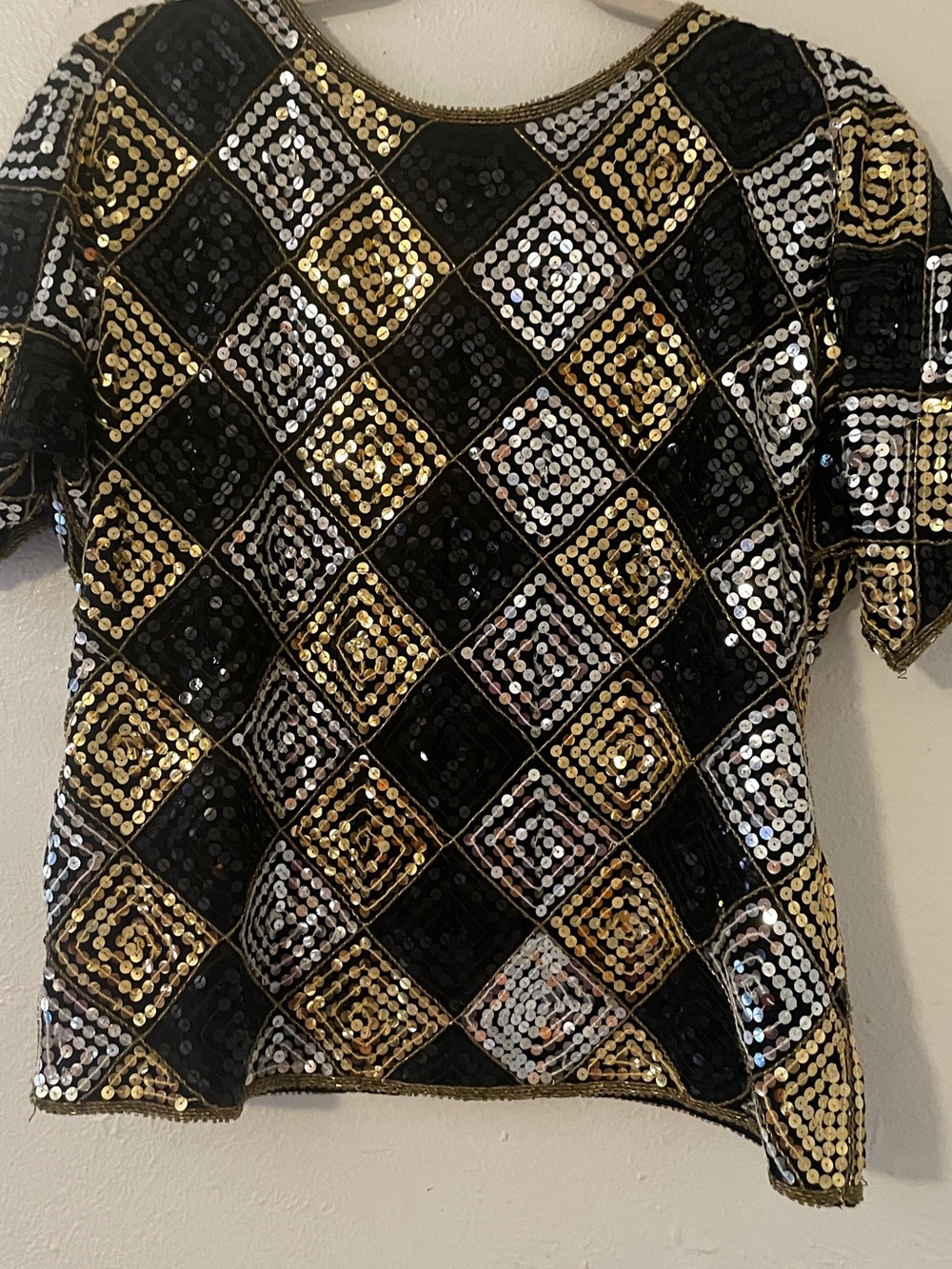 Candlelight Jansons Silk Beaded Sequin Harlequin Blouse Black Gold Silver Sm